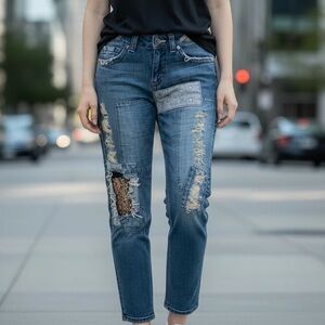 LF Furst of A‎ Kind Denim Patched Crop Straight Upcylced Denim Jeans